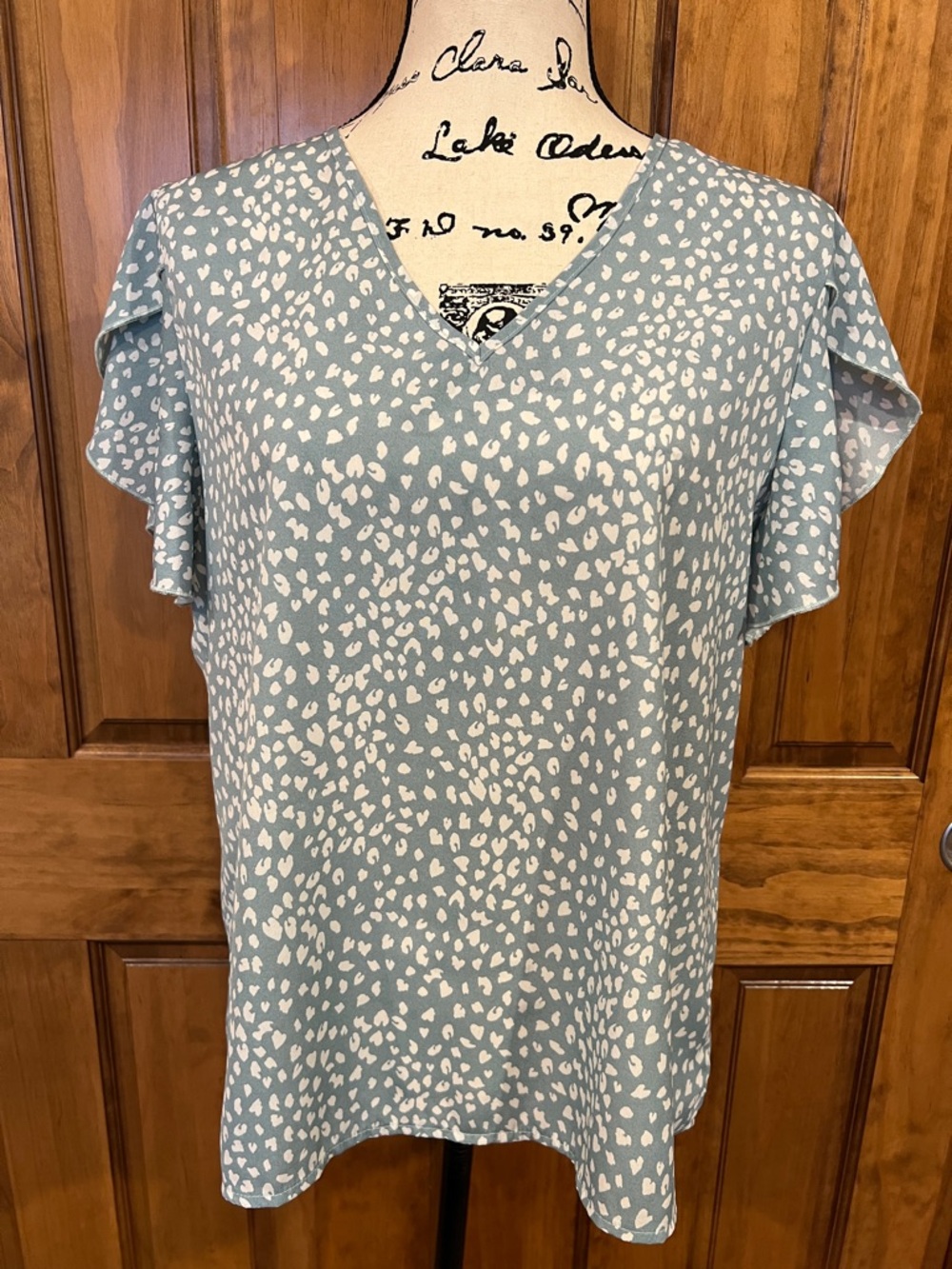 Light Blue Printed Flutter Sleeve V-Neck Top